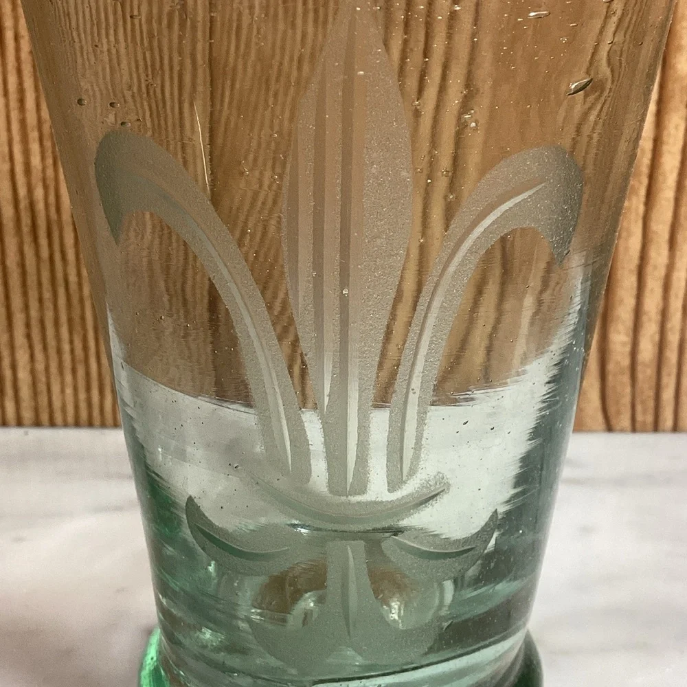 MARIPOSA Etched Green Glass Tumblers with Fleur-de-Lis Design SET OF 2